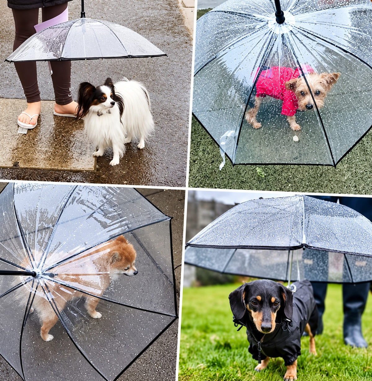 Dogs staying dry under the dog umbrella